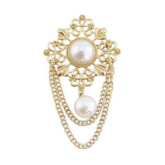 Vintage Round Simulated Pearl Filigree Flower Chain Tassel Brooches Lapel Pins for Women Party Dance Banquet Dainty Boho Dangle Drop Pin Dress Suit Clothes Accessories Jewelry (White)