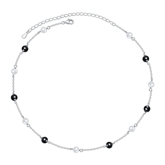 S925 Sterling Silver Choker Short Dainty Necklace Pendant for Women Jewelry Gift (Pearl Black White)