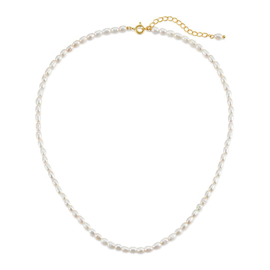 JaruJaru 3mm Handmade Rice Pearl Strand, Small Oval Freshwater Pearls, Essential Minimal Pearl Necklace for Women, 40cm with 5cm Extender, Ideal for Layering