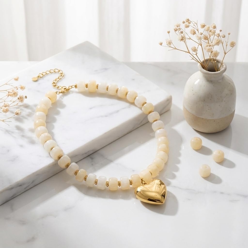 Frigotine Cream White Chunky Heart Necklace for Women, Elegant Resin Beaded Choker with Gold Puffy Heart, Adjustable Vintage Boho Statement Jewelry Gift