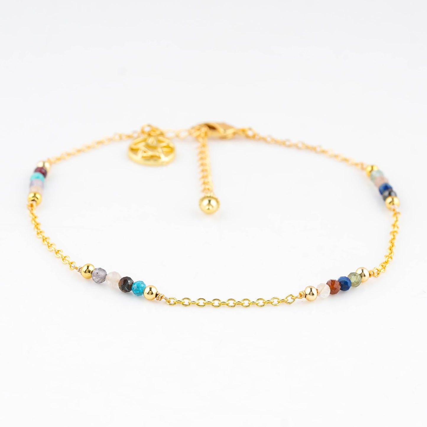 CRYSTALINES Natural Multi Gemstone Beads, Handmade Station Dangle Star Charms Anklet, 14K Gold Plated, Adjustable Fashion Boho Jewelry for Women, Healing Crystals, Christmas Gift