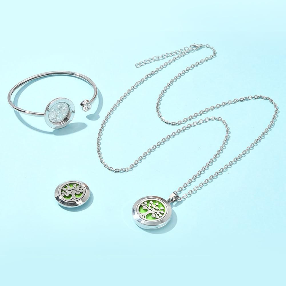 SUNNYCLUE 1Pc Essential Oil Diffuser Bracelet 1Pc Essential Oil Necklace with 10Pcs Refill Pads Tree of Life Stainless Steel Adjustable Bangle Bracelets Necklaces Aromatherapy Jewelry for Women Gift