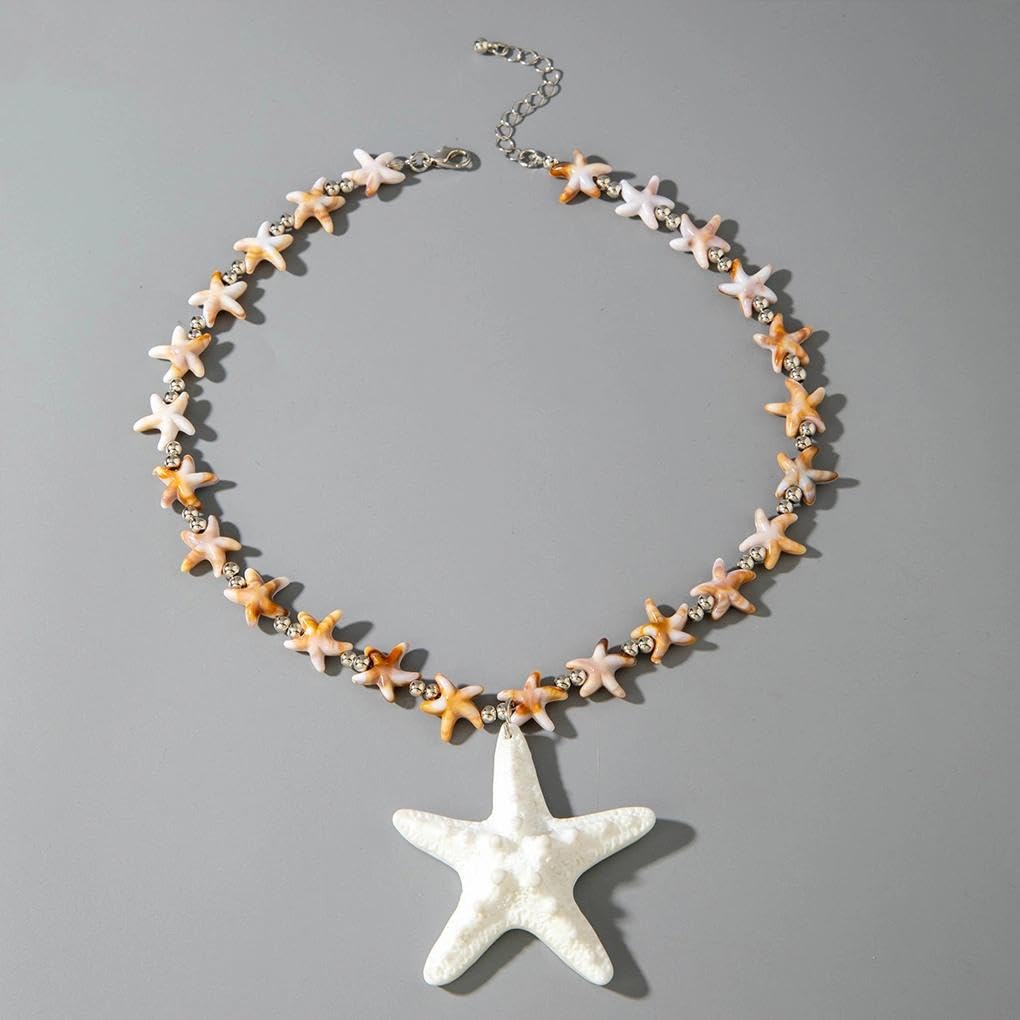Boho Chunky Gold Starfish Necklace for Women,Trendy Large Baroque Faux Pearl Beaded Statement Pendant Necklace Jewerlry Accessories Gifts for Beach Holiday (White)