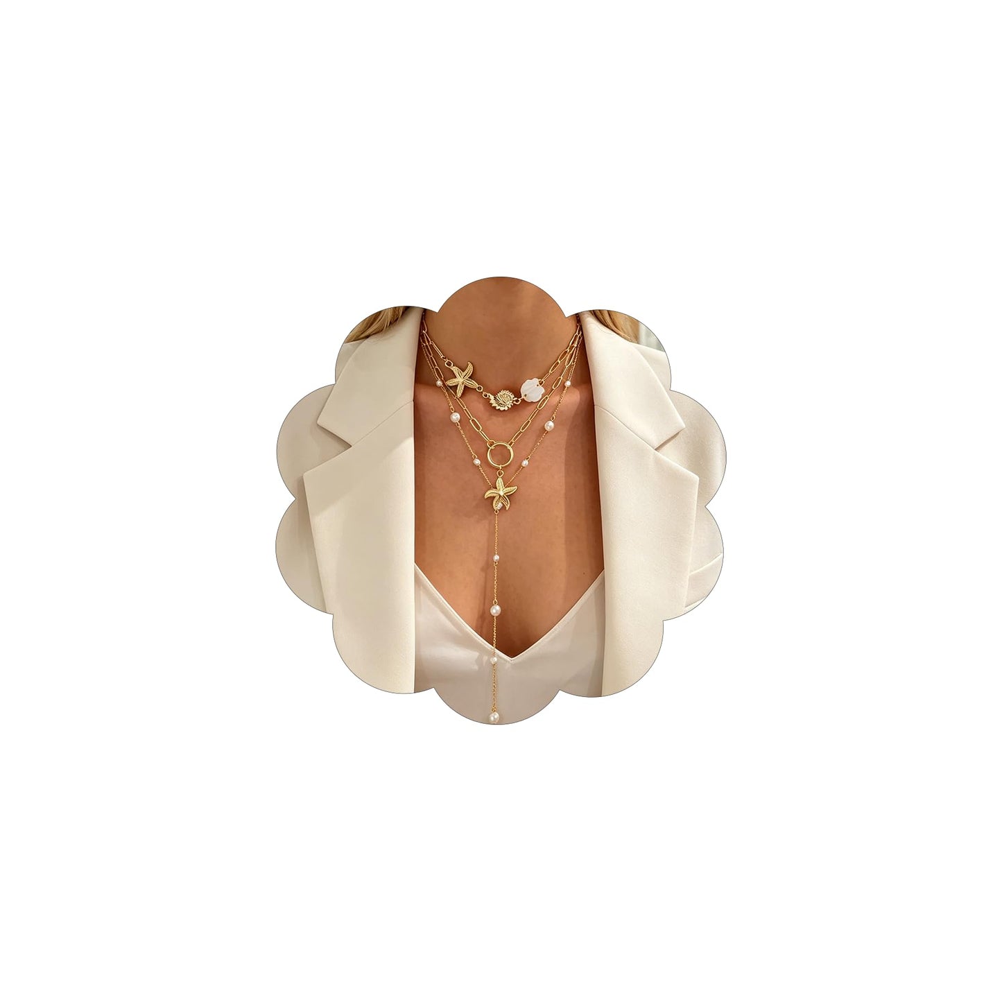 Gold Shell Starfish Necklace for Women Layered Pearl Conch Pendant Necklace Dainty Summer Beach Vacation Boho Jewelry (Gold 3pcs)