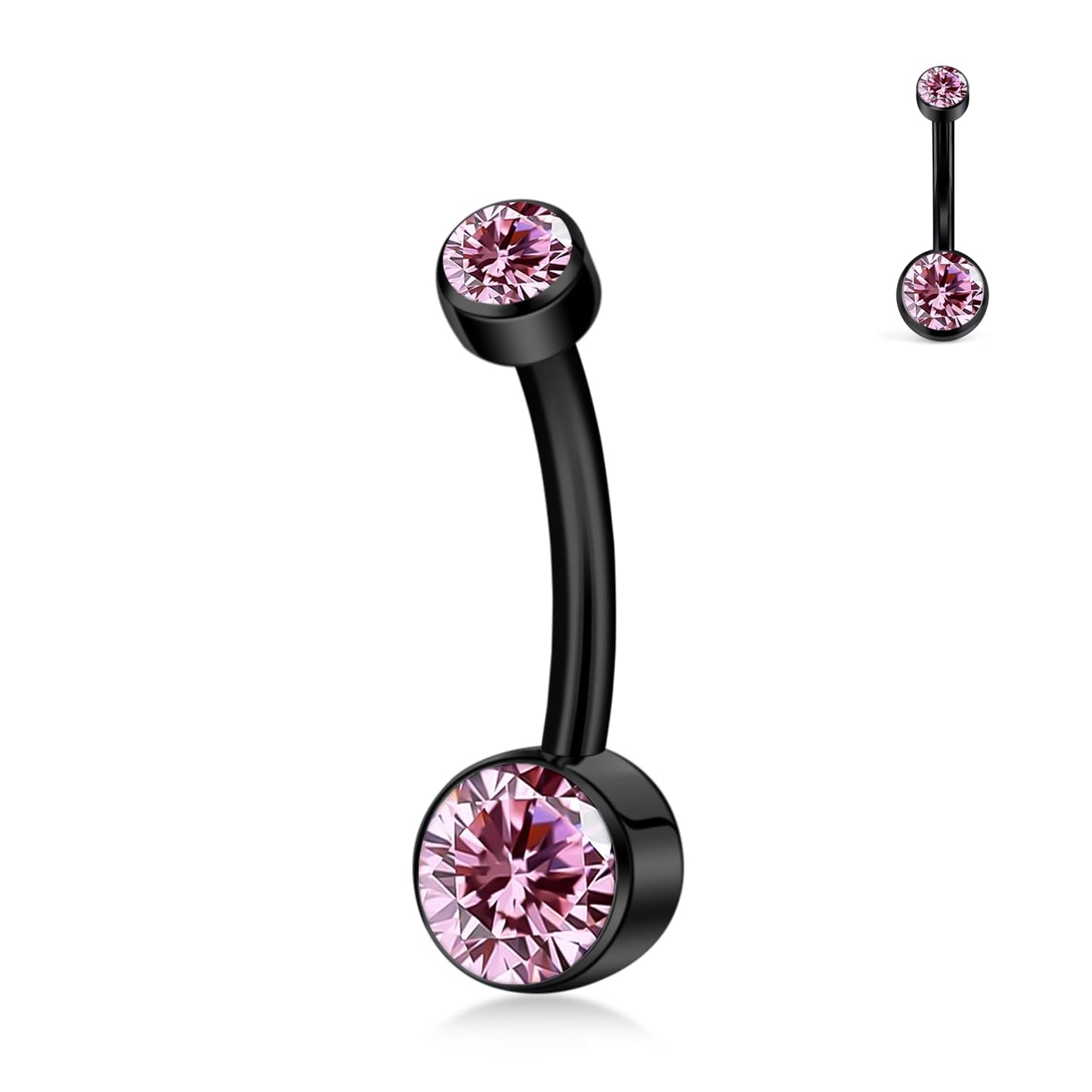 XUU Titanium Belly Button Rings, Black & Silver – 14G Internally Threaded Navel Piercing Jewelry, 10mm & 12mm Curved Barbells with 7 Colors Gems – Hypoallergenic (Black-Pink cz, 10MM)