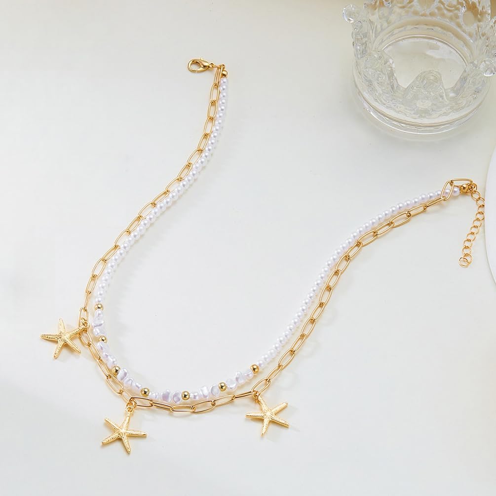 Charm 14k Gold Plated Starfish Beaded Pearls Vacation Necklace For Women, Beach Layered Star Pendant Necklaces Beachy Party Jewelry Gifts Accessory (Gold)
