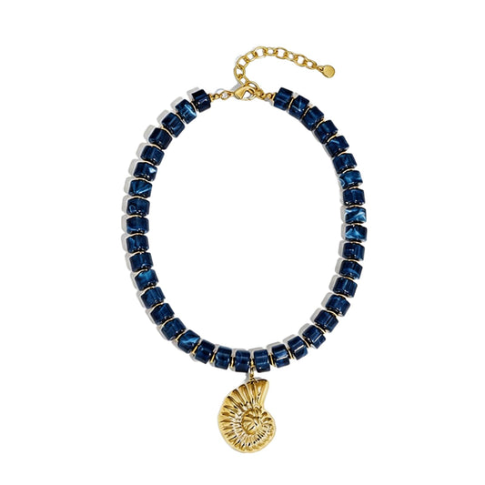 IQIC Beach Resin Conch Necklace for Women Blue Gold Bead Spiral Necklace Boho Summer Snail Shell Necklaces Beach Summer Jewelry Accessories (blue)