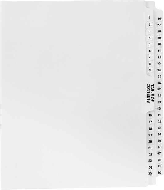 Exhibitindexes® Numbered Divider 1-50 Un-Punched - AVE Style Bold Tab - Side Collated Exhibit Tabs - Made in The USA | Letter Size - 1-50 - Sets Not Punched
