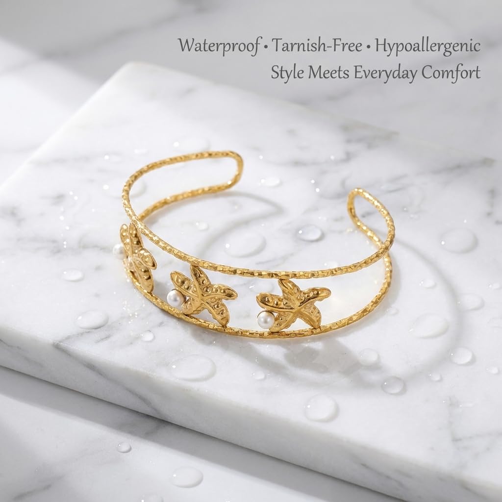 MystiGlimmer Starfish Open Cuff Bracelet for Women 18K Gold Plated Stainless Steel, Adjustable Ocean-Inspired Arm Cuff, Waterproof, Hypoallergenic Beach Jewelry Gift (3 Starfish)