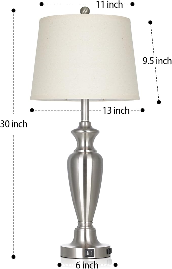 30" Tall Silver Table Lamp for Living Room, 3-Way Dimmable Touch Control Bedside Lamp for Bedroom Nightstand with USB A+C Ports & AC Outlet (1 Pack)