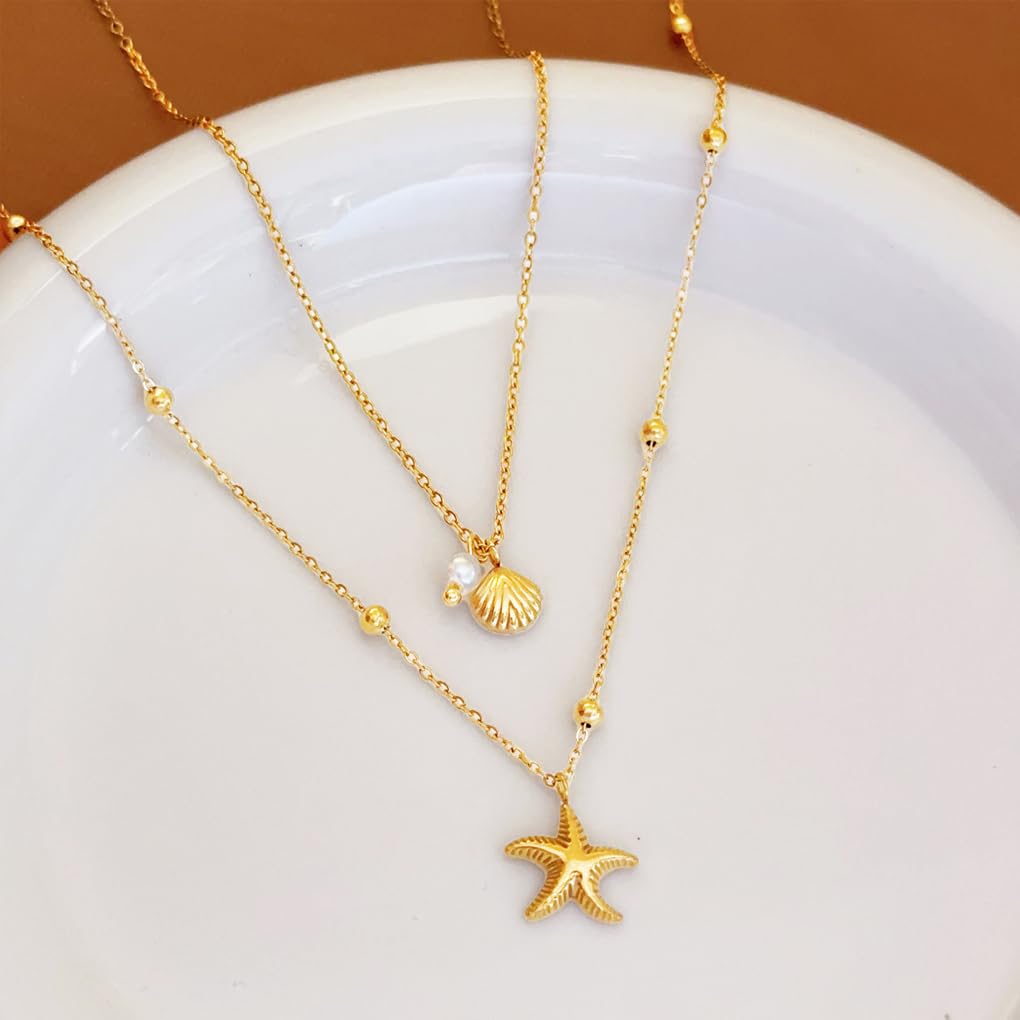 FUTIMELY Gold Shell Necklace Set,Boho Small Seashell Stacked Necklace for Women,Trendy Starfish Pendant Necklaces Beach Jewelry (Gold)