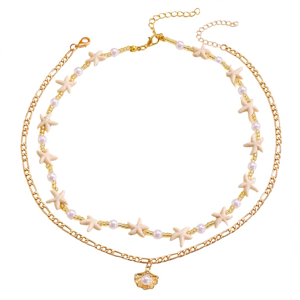 Dainty Starfish Pearl Beaded Choker Necklace, Layered Sea Shell Pearls Pendant Star Beads Necklaces for Women Chic Sweet Beach Coastal Party Jewelry Gift (Gold 2)