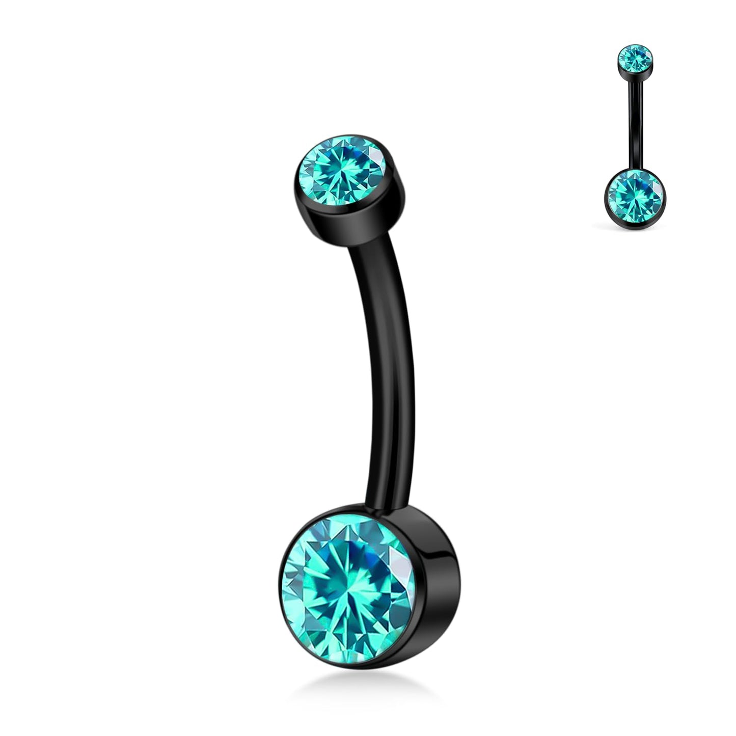 XUU Titanium Belly Button Rings, Black & Silver – 14G Internally Threaded Navel Piercing Jewelry, 10mm & 12mm Curved Barbells with 7 Colors Gems – Hypoallergenic (Black-Ocean Blue cz, 10MM)