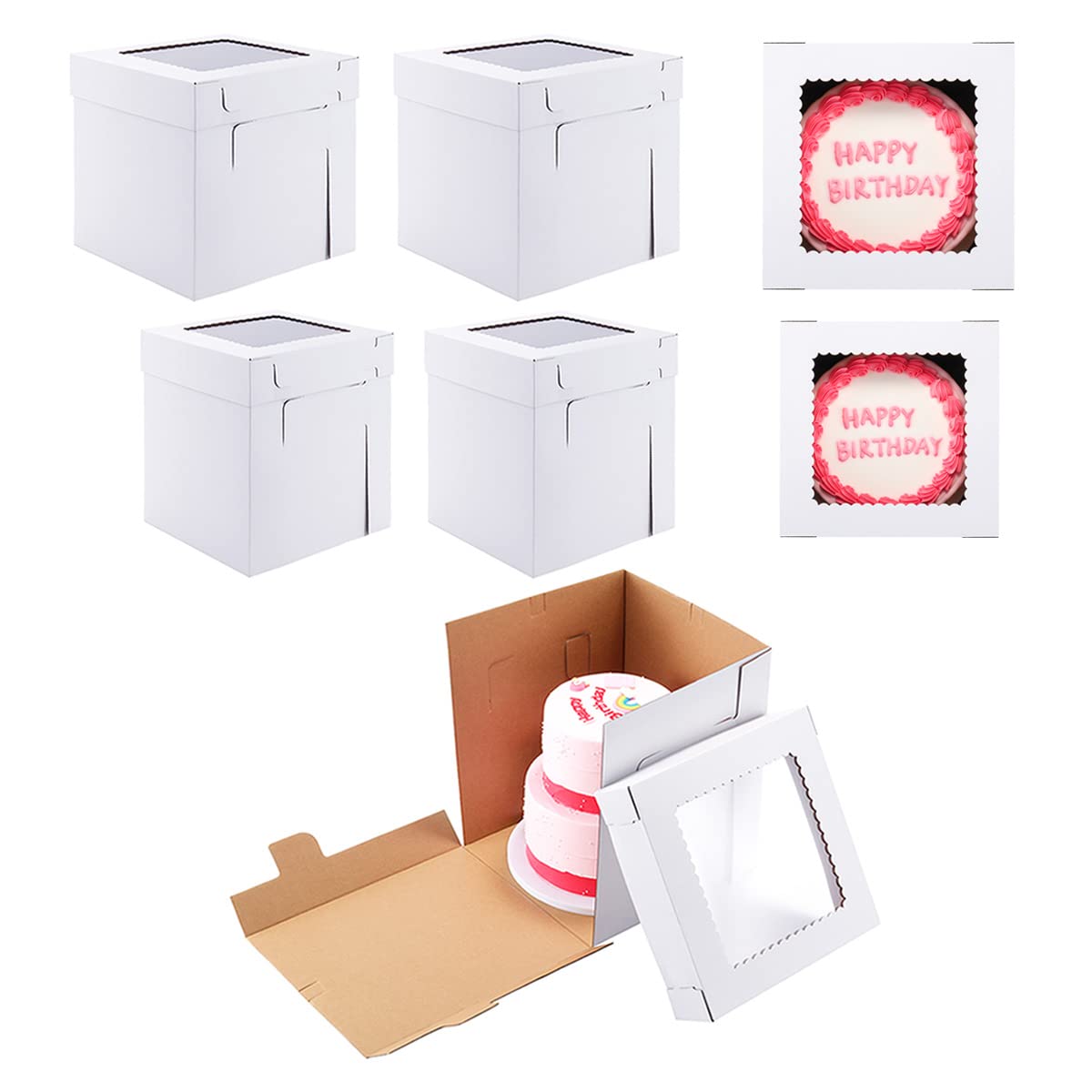 Huoshange Tall Cake Boxes for Tier Cakes,2 Sizes 4 Pack 10x10x12in and 12x12x12in,Sturdy Cardboard Cake Boxes Shipping in 2 3 Tier for Layer Tiered Cakes，Disposable Cake Containers