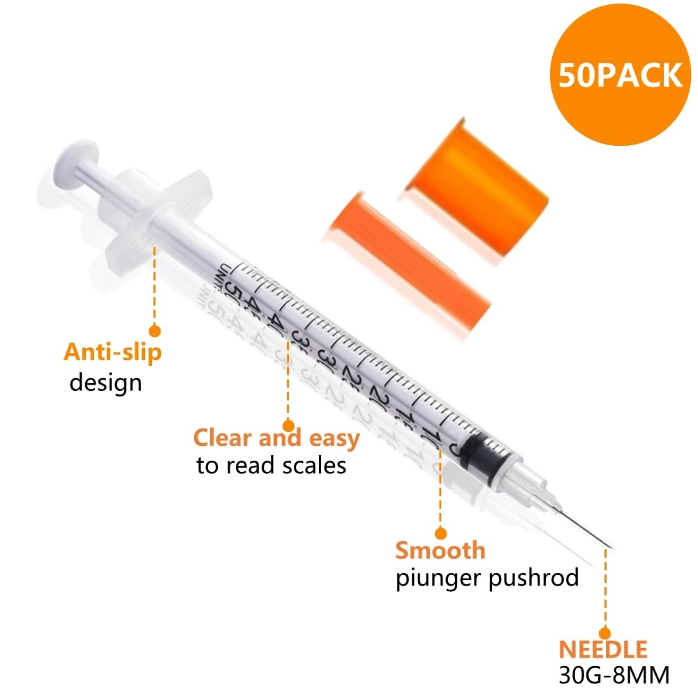 50 Pack 1/2ml Lab Syringes with 30G 5/16 inch(8mm) Needle Tool, Individual Sealed Package