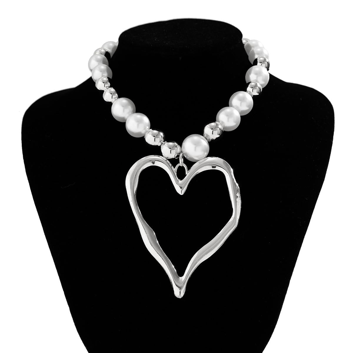 Y2k Large Heart Necklaces for Women Chunky Love Pearl Ball Beads Choker Necklaces Exaggerated Big Hollow Heart Pendant Necklace Statement Jewelry Gifts (Silver1)