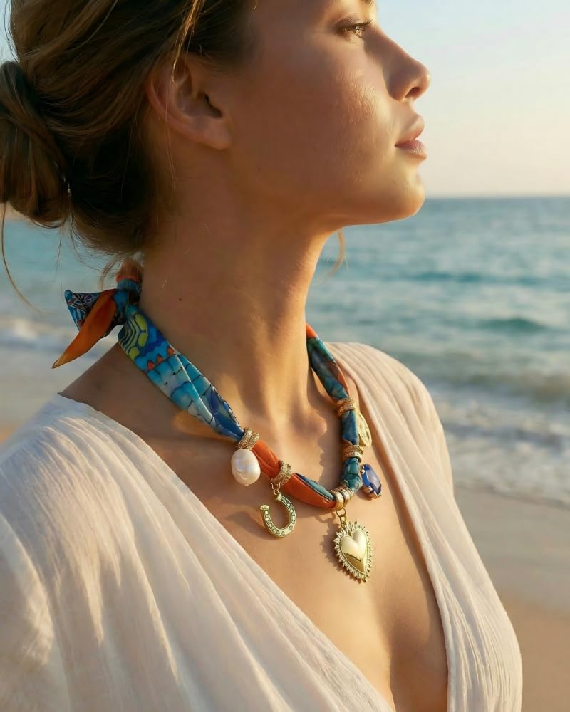 FAUTHENTICUTE Boho Scarf Necklace with Multi Heart Horseshoe Pearl Rhinestone Charms Summer Beach Statement Necklace for Women