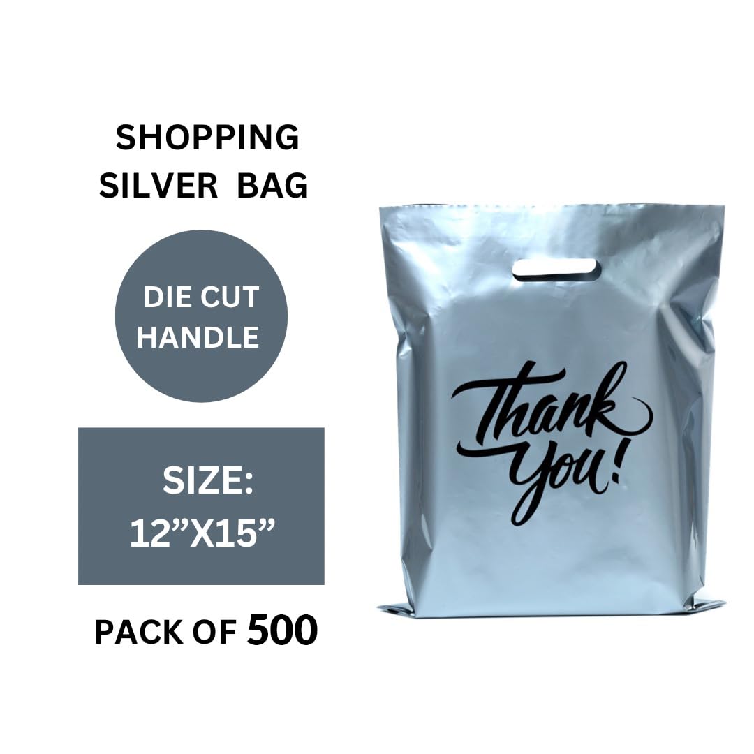 Infinite Pack Silver 16"x18"(500pcs) Thank You plastic Merchandise Bags Die-Cut Handles, Perfect for Retail Shopping, Boutiques, Goodie bags, and Gift Packaging & Favors, 1.75MIL Reusable Plastic Bag