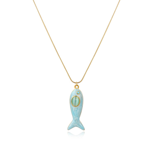 WASAIE Boho Summer Blue Fish Sea Pendant Charms Necklace For Women,Colored Seashore Ocean Holiday Stainless Steel Chain Surfer Jewelry Choker Necklace Adjustable