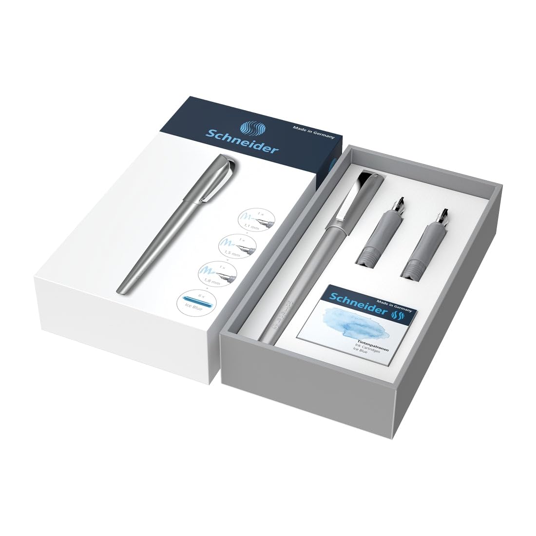 Schneider Callissima Calligraphy Fountain Pen Gift Set: Anthracite, 1.1 mm, 1.5 mm, 1.8 mm Interchangeable Tips + Pack of 6 Ice Blue Ink Cartridges (143812)
