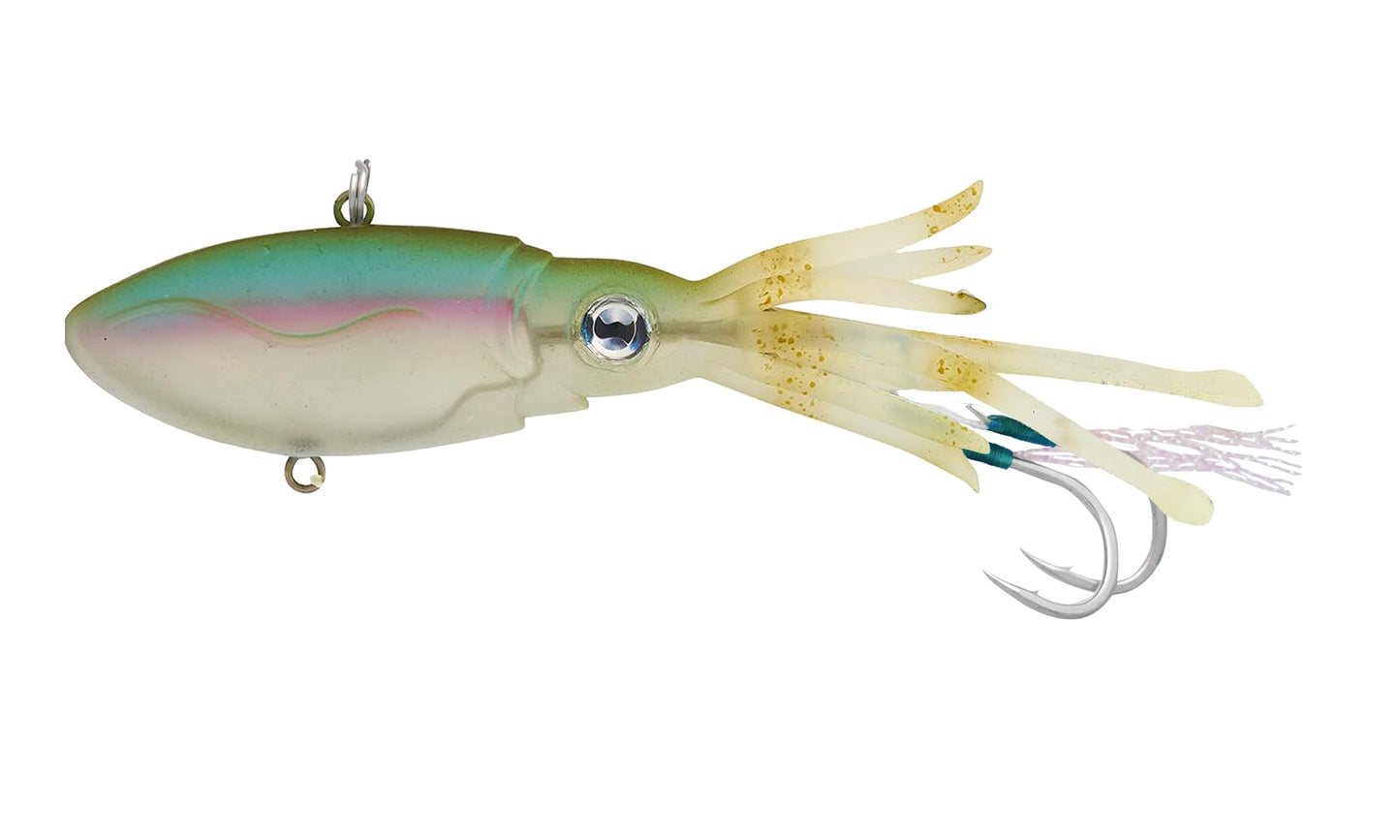 Nomad Design Squidtrex Patented Vibrating Fishing Lure- Scent Added TPE Soft Plastic Lure for Saltwater w/Strong BKK Assist Hooks, Fishing Bait that Catches Many Species, 95mm 3 3/4" 1oz- Aqua Ghost