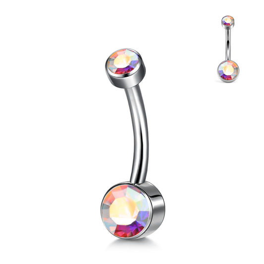XUU Titanium Belly Button Rings, Black & Silver – 14G Internally Threaded Navel Piercing Jewelry, 10mm & 12mm Curved Barbells with 7 Colors Gems – Hypoallergenic (Silver-AB, 10MM)