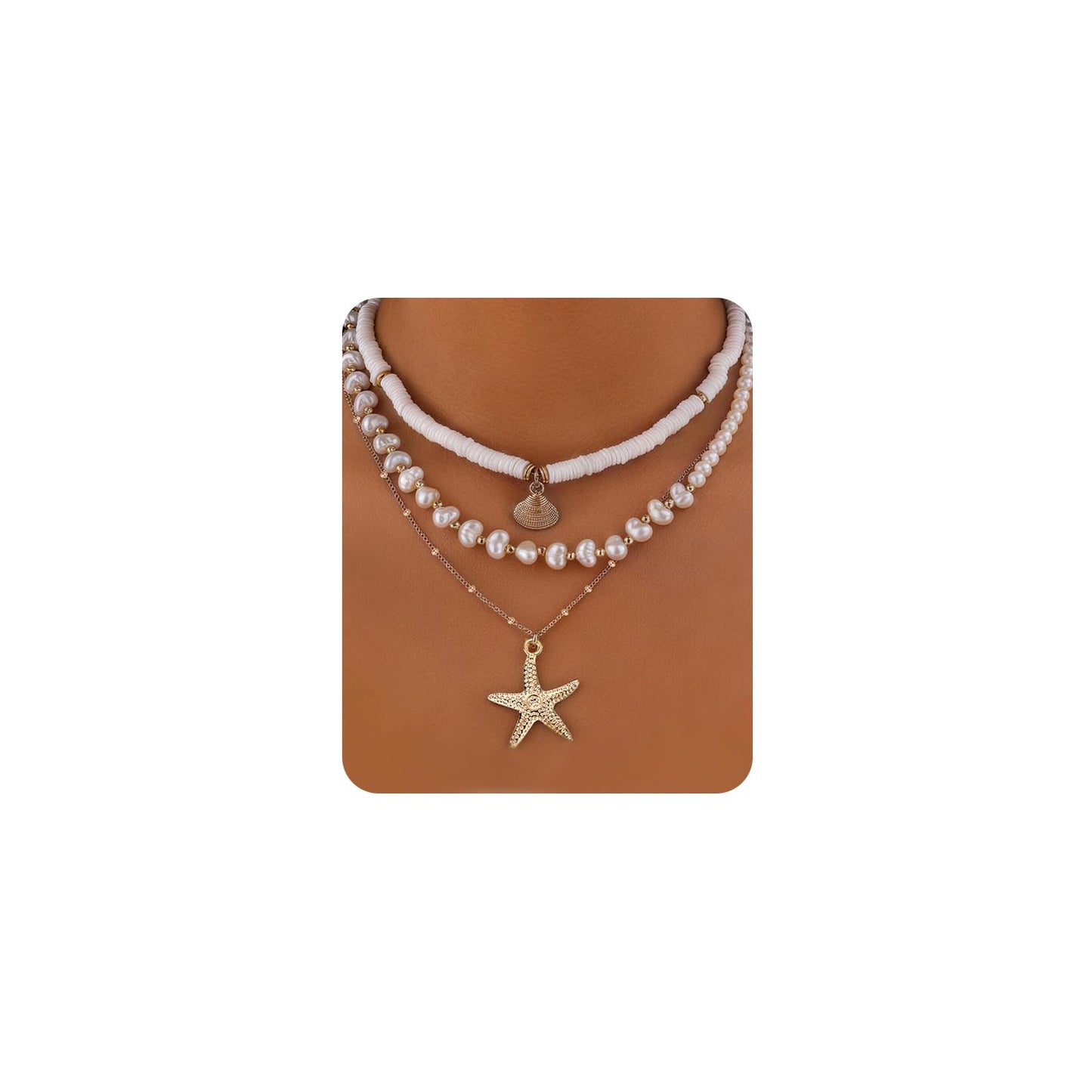 VOJO Starfish Seashell Necklace for Women, 3 Layers Stacked Summer Beach Necklaces, Colorful Polymer Clay Pearl Jewelry, 18K Gold Plated Tropical Hawaii Vacation Accessories, Tarnish Resistant Gifts (polymer clay seashells + starfish)