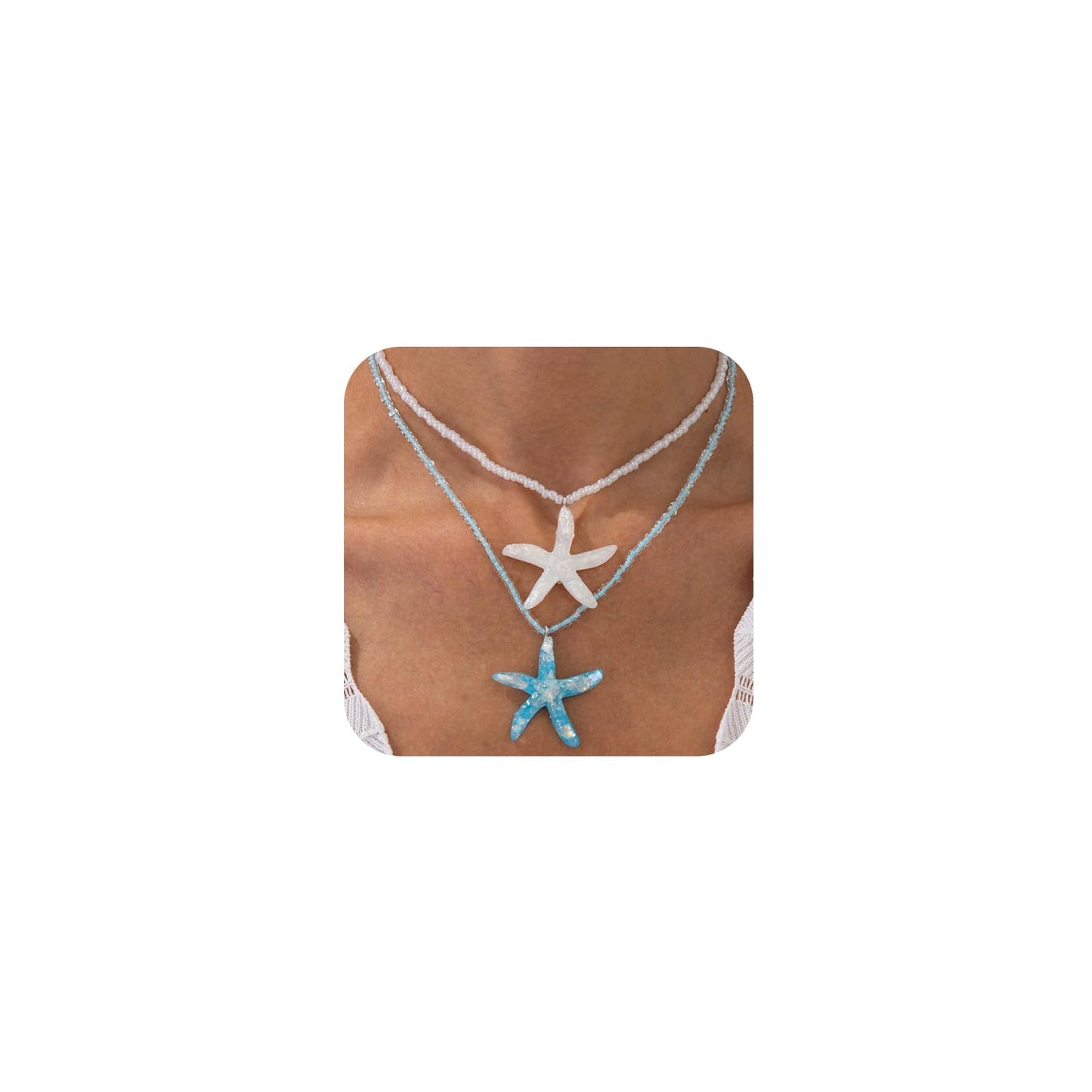 Douxsu 2Pcs Layered Boho White Blue Starfish Necklace for Women, Delicate Sea Star Pendant Hawaiian Small Beaded Chain Necklace Y2k Beach Ocean Beachy Jewelry (White-Blue)