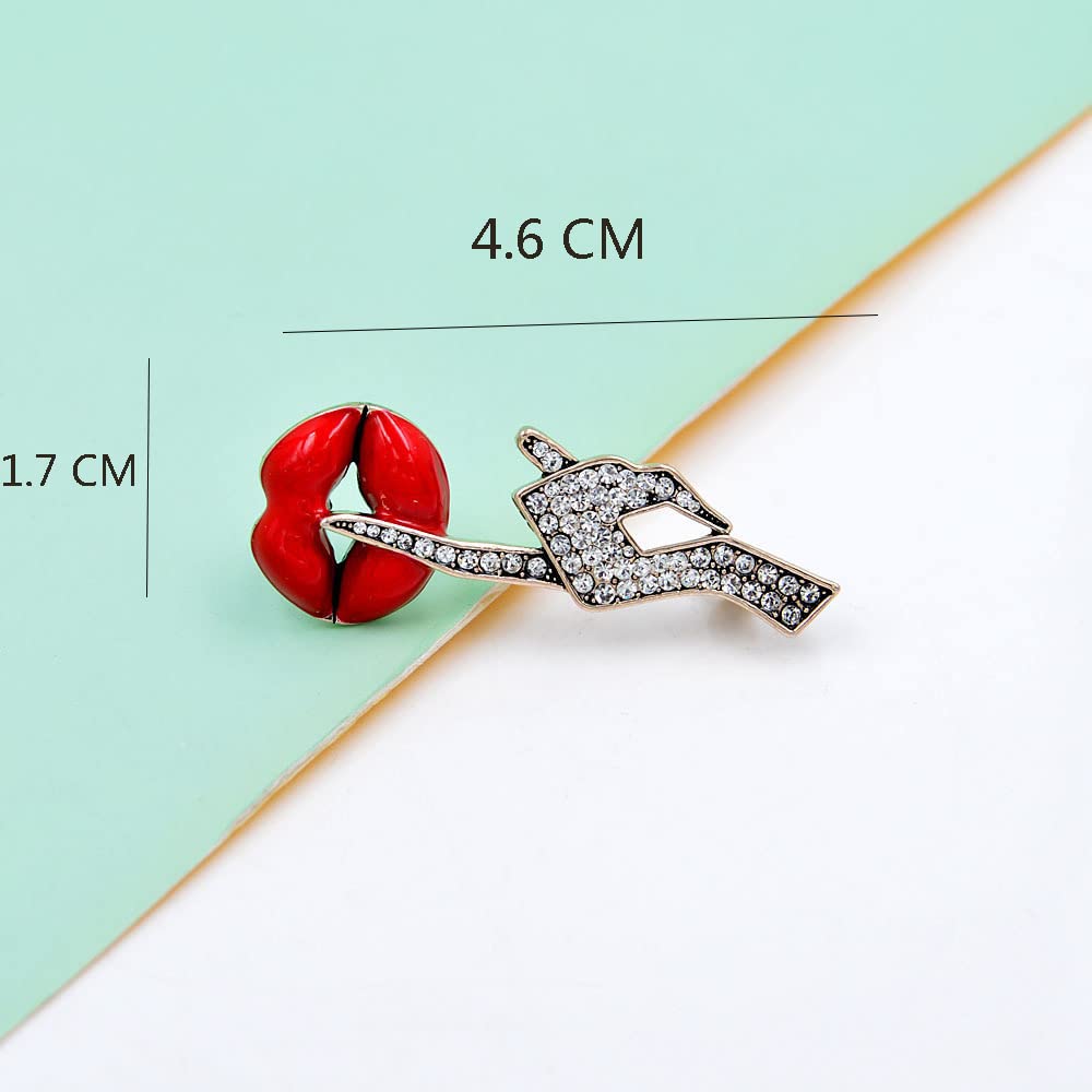 Sexy Red Lips Brooch Rhinestone Quiet Gestures Statement Brooches Lapel Pins Elegant Dress Accessories Suit Tie Art Deco Fashion Imitation Cubic Zirconia Jewelry Lover Gift for Women Girls