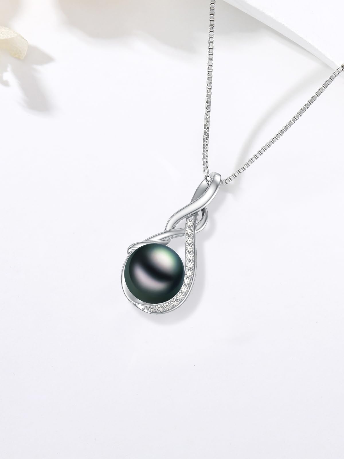 KANNSOAR 9MM Tahitian Black Pearl 18K White Gold Plated Sterling Silver Pendant Necklace Pearl Jewelry-Wedding Anniversary Valentines Day Christmas Mothers Day Gifts for Women Wife Mom Girlfriend Her