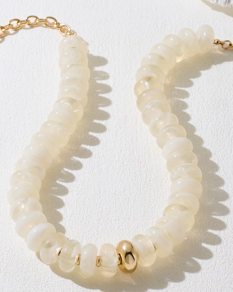 FAUTHENTICUTE Swirled White Beaded Necklace for Women Off White Resin Rondelle Bead Choker Necklaces Short Collar Statement Necklace Boho Beach Jewelry Gifts