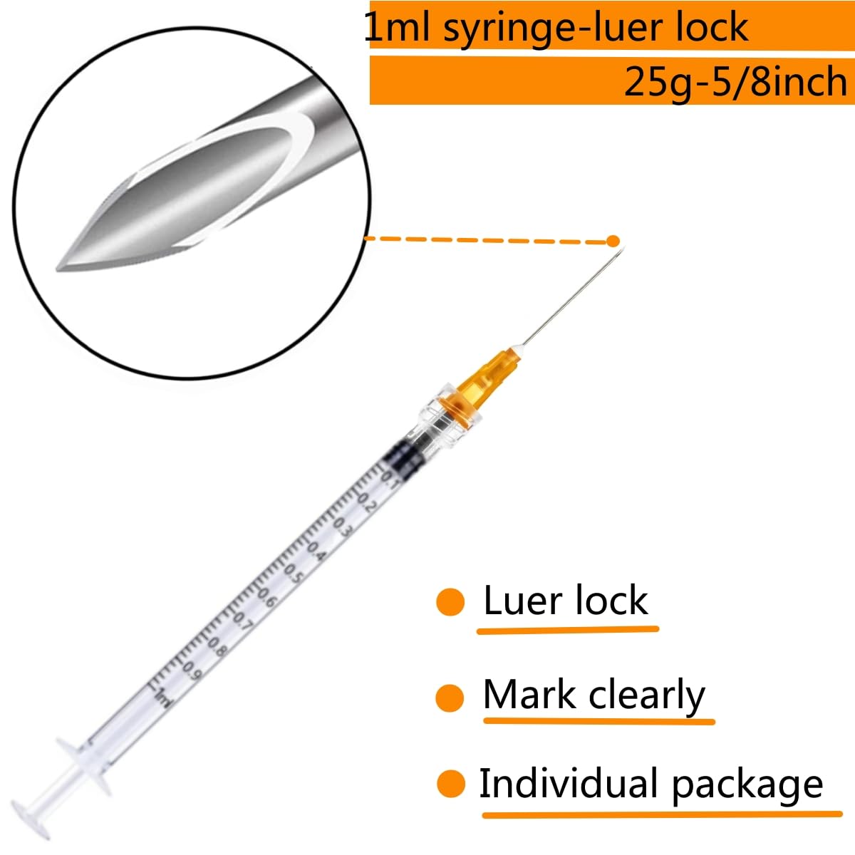 100 Pack 1ml 25 Gauge 5/8 Inch, for Scientific Labs, Industrial Dispensing and Liquid Measuring Supplies, Individually Sealed Packaging