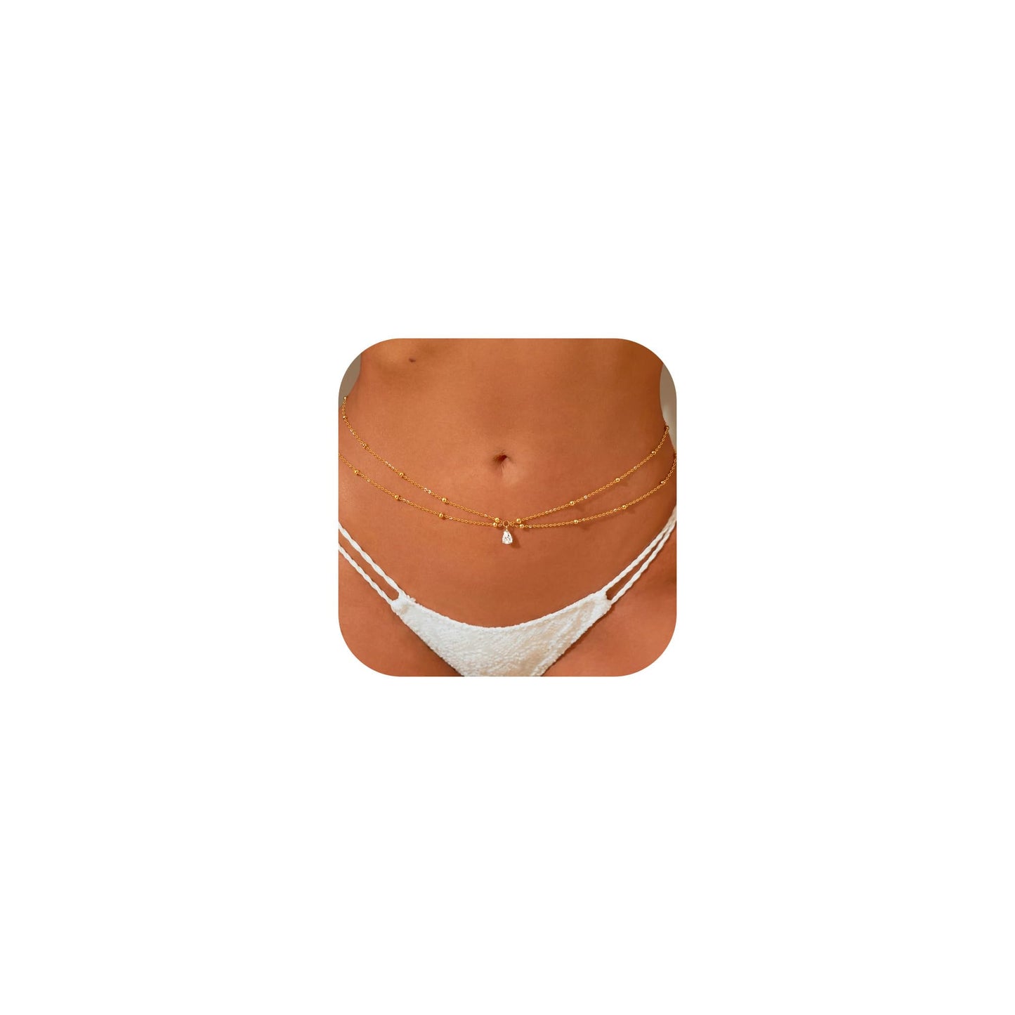 MOODEAR 14K Gold Plated Waist Chain for Women – Double Layered Belly Bead Body Chain Belt with CZ Charm, Waterproof Summer Beach Jewelry for Bikini, Dress & Vacation