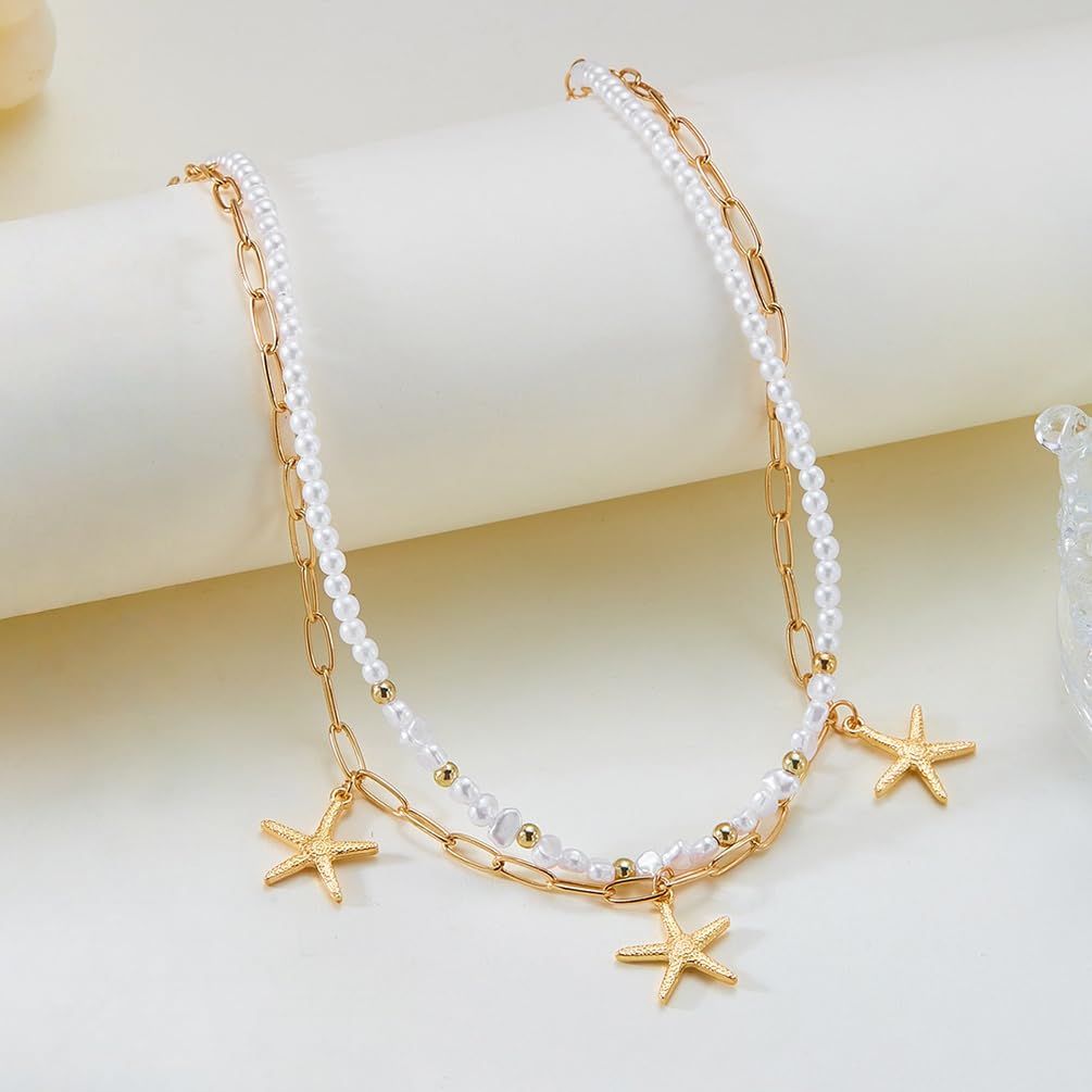 Charm 14k Gold Plated Starfish Beaded Pearls Vacation Necklace For Women, Beach Layered Star Pendant Necklaces Beachy Party Jewelry Gifts Accessory (Gold)