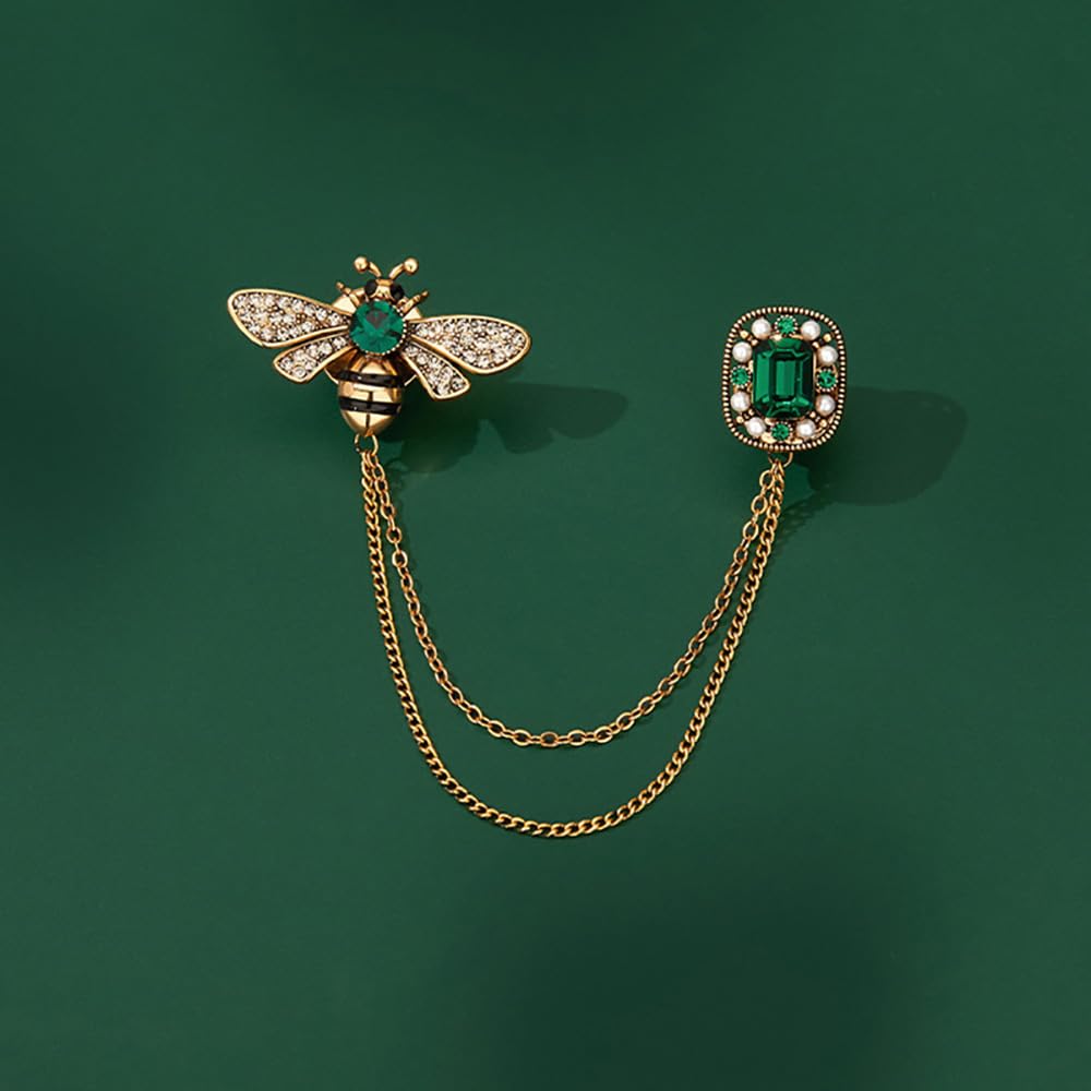 Vintage Honey Bee Brooch Pins for Women Men CZ Crystal Lapel Pin Badge Hanging Tassel Chains Collar Brooches Pin Shirt Collar Pins Hat Scarf Tie Pins Accessories