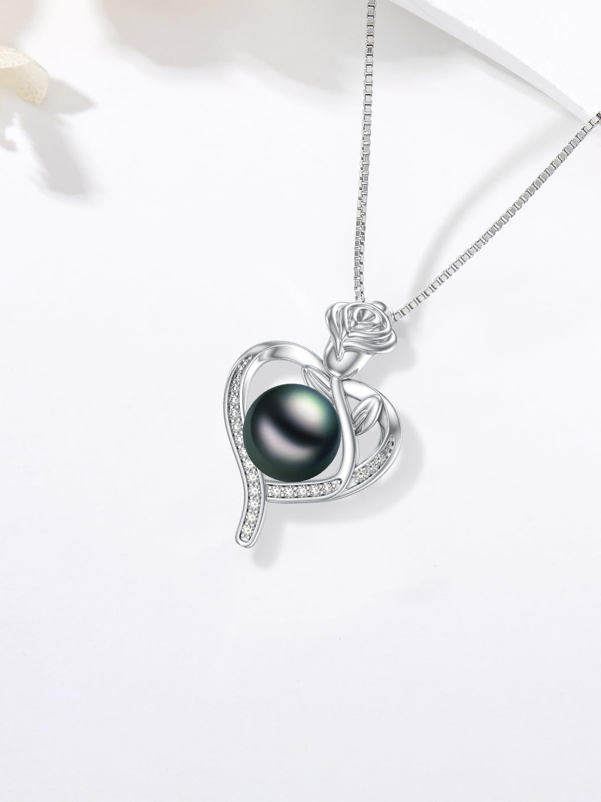 KANNSOAR 9MM Tahitian Black Pearl Rose Fower Heart Pendant Necklace Pearl Jewelry-Wedding Birthday Anniversary Valentines Day Christmas Mothers Day Gifts for Women Wife Mom Girlfriend Her