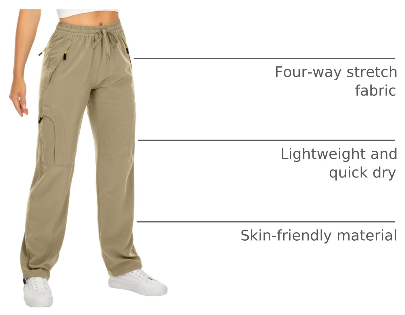 Womens Hiking Pants Quick Dry UPF 50 Lightweight Travel Golf Cargo Safari Pants Zipper Pockets,6608,Khaki,Petite L