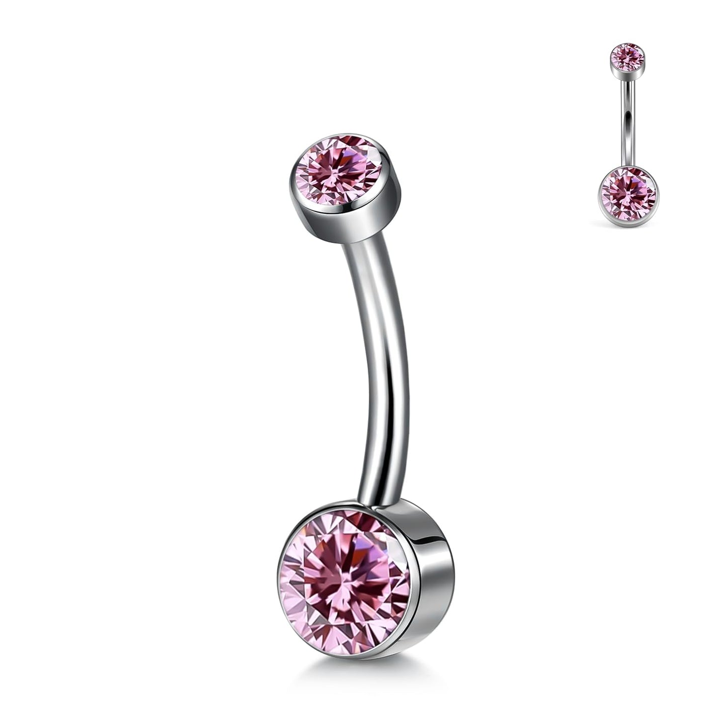 XUU Titanium Belly Button Rings, Black & Silver – 14G Internally Threaded Navel Piercing Jewelry, 10mm & 12mm Curved Barbells with 7 Colors Gems – Hypoallergenic (Silver-Pink cz, 10MM)