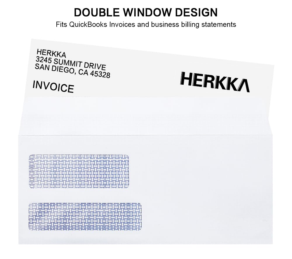 #9 Double Window Security Envelopes, HERKKA No.9 Double Window Business Envelopes Designed for Quickbooks Invoices and Business Statements - Number 9 Size 3 7/8 Inch X 8 7/8 Inch - 24 LB - 500 Pack