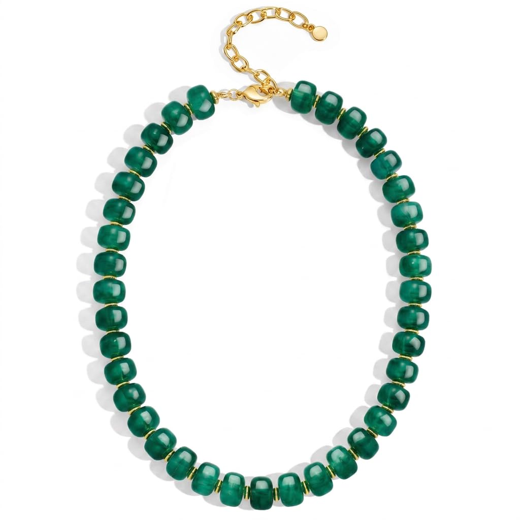 FAUTHENTICUTE Deep Green Beaded Choker Necklace for Women Chunky Statement Boho Western & Summer Beach Necklaces Trendy Everyday Green Beaded Choker Necklaces for Women