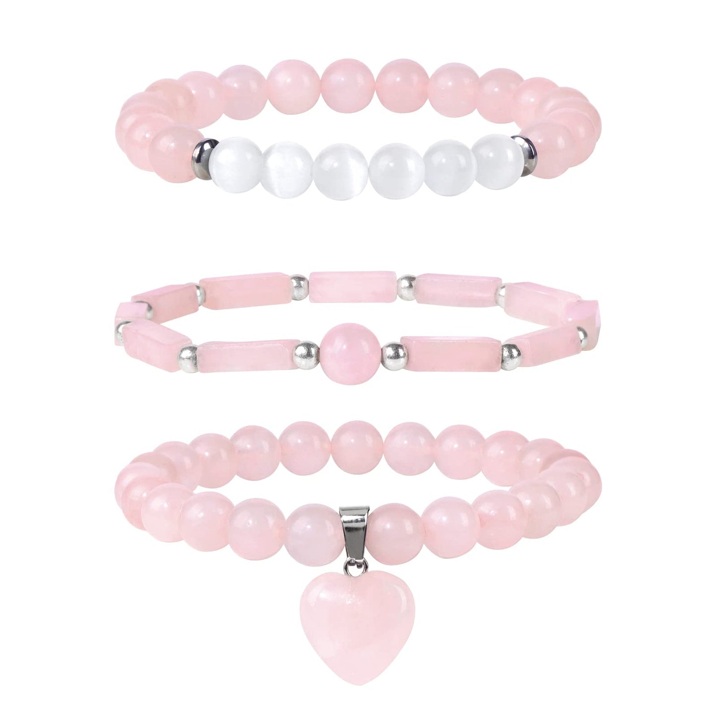 Vinswet Healing Crystal Beaded Bracelets for Women,Natural Rose Quartz Moonstone Gemstones Bracelet,Anxiety Stress Relief Heart Charm Bracelet Handmade pink Jewelry Gifts for Women (3pcs)