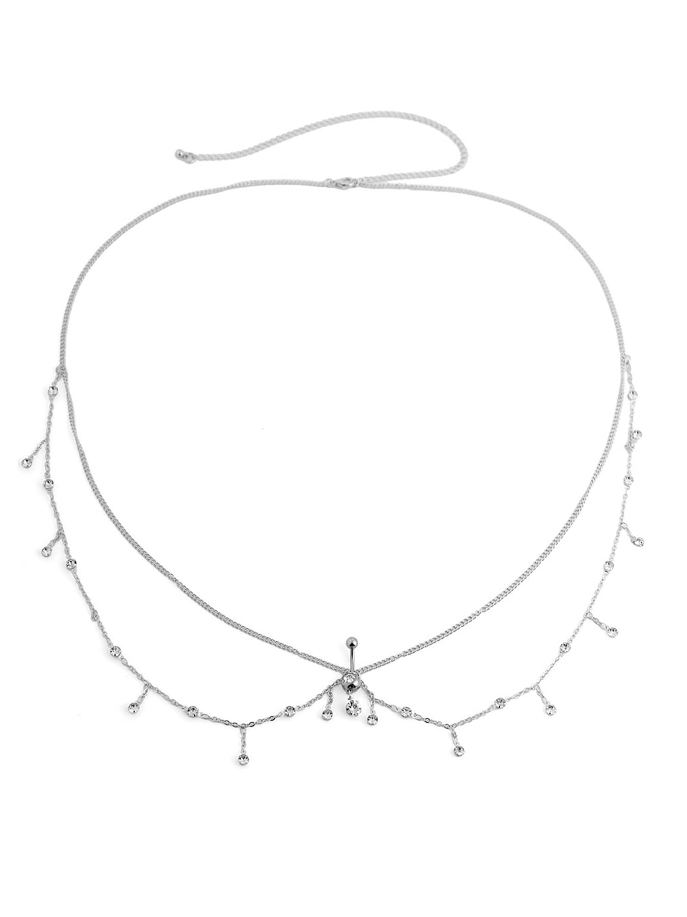 Longita Silver Waist Chain for Women Silver Belly Chain With Belly Rings Layered Stomach Chains Rhinestone Body Chain Waist Jewelry with Navel Ring