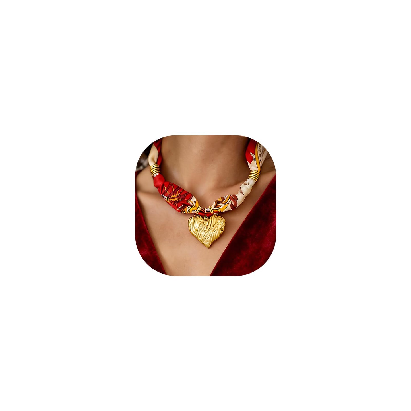 DoDoBeads Scarf Charm Necklace – Golden Heart – Red Vintage Scarf Necklace with Sculpted Stainless Steel Heart Pendant