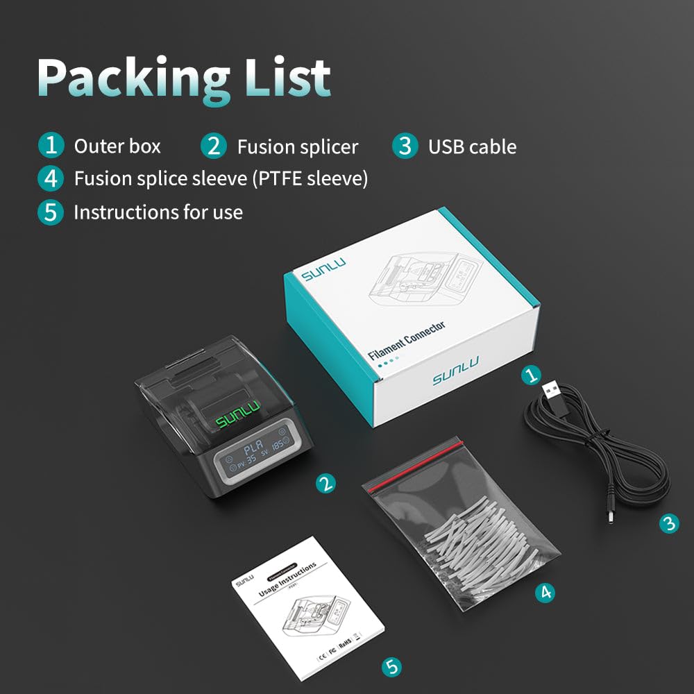 SUNLU Filament Connector, Filament Splicer with 200Pcs PTFE Sleeve for 3D Printer Filament 1.75mm, Fast Heating Up to 240°C, Compatible with PLA PETG TPU ABS PA Nylon
