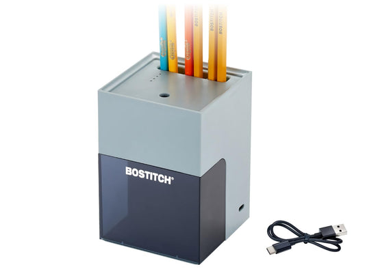 Bostitch Konnect Rechargeable Pencil Sharpener (USB-C), Auto-Stop Helical Cutter, Portable Electric Sharpener for No.2/Colored Pencils, Home, Office, Classroom, Gray