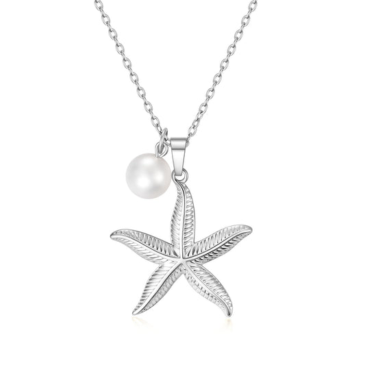 Starfish and Fresh Water Pearl Necklace for Women,Stainless Steel Ocean Theme Hypoallergenic Coastal Jewelry