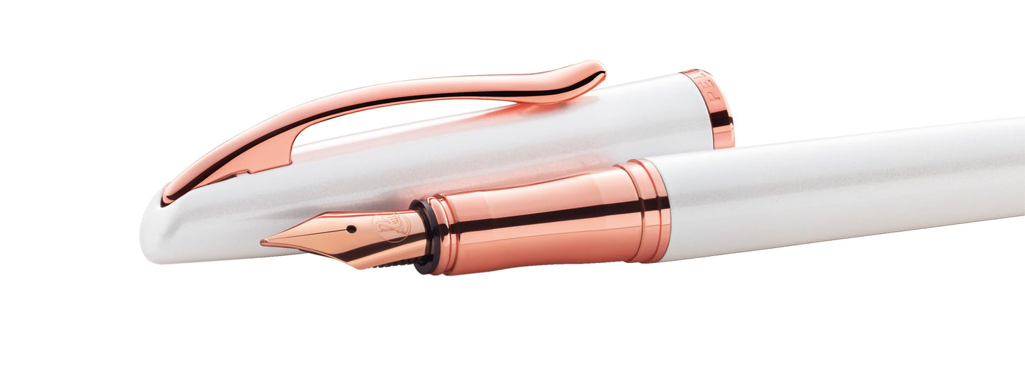 Pelikan Jazz Noble 821681 Fountain Pen Mother of Pearl (White) for Right-Handed and Left-Handed Users, Elegant Metal Cartridge Fountain Pen, Nib M, in Folding Box
