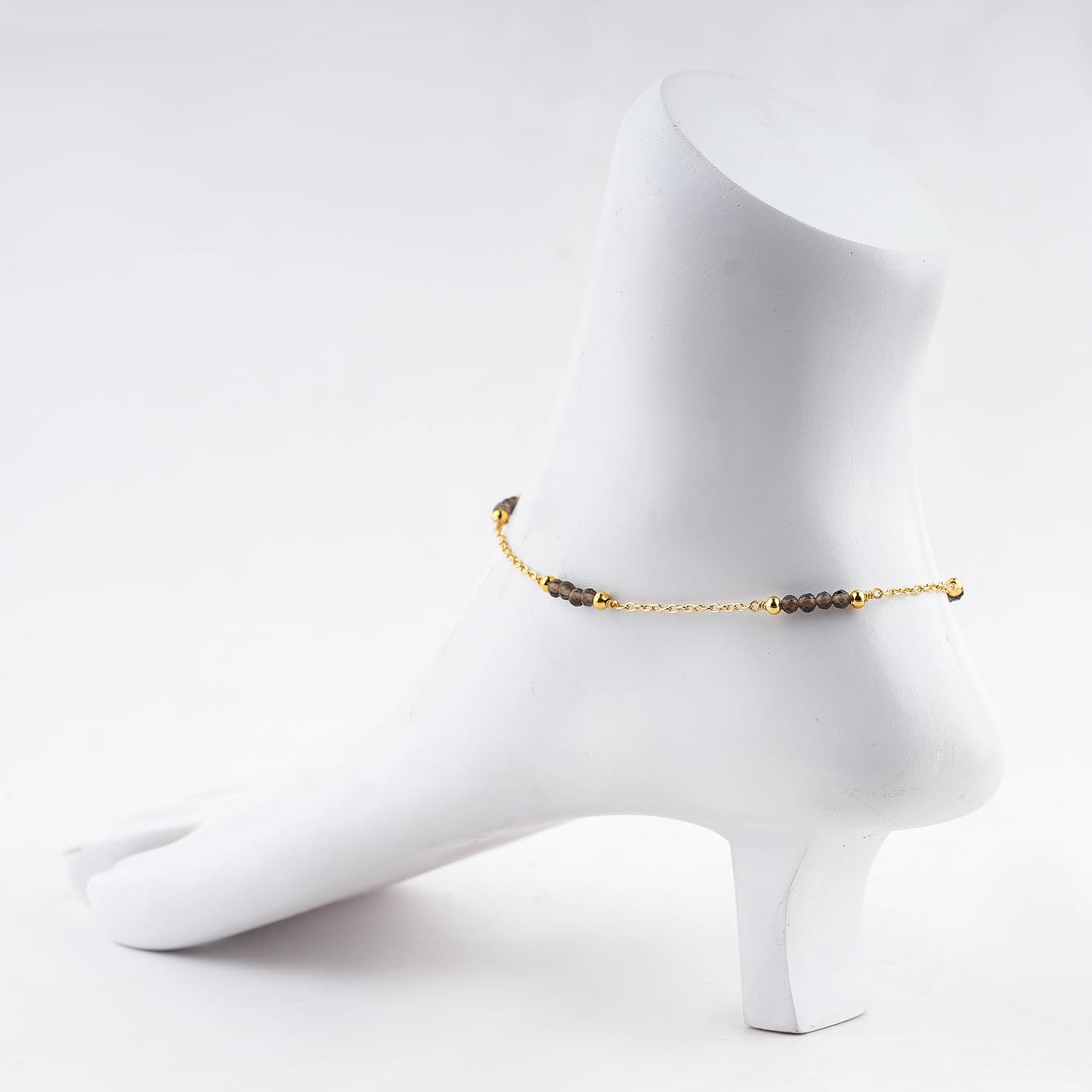 CRYSTALINES Natural Smoky Quartz Gemstone Beads, Handmade Station Dangle Star Charms Anklet, 14K Gold Plated, Adjustable Fashion Boho Jewelry for Women, Healing Crystals, Christmas Gift