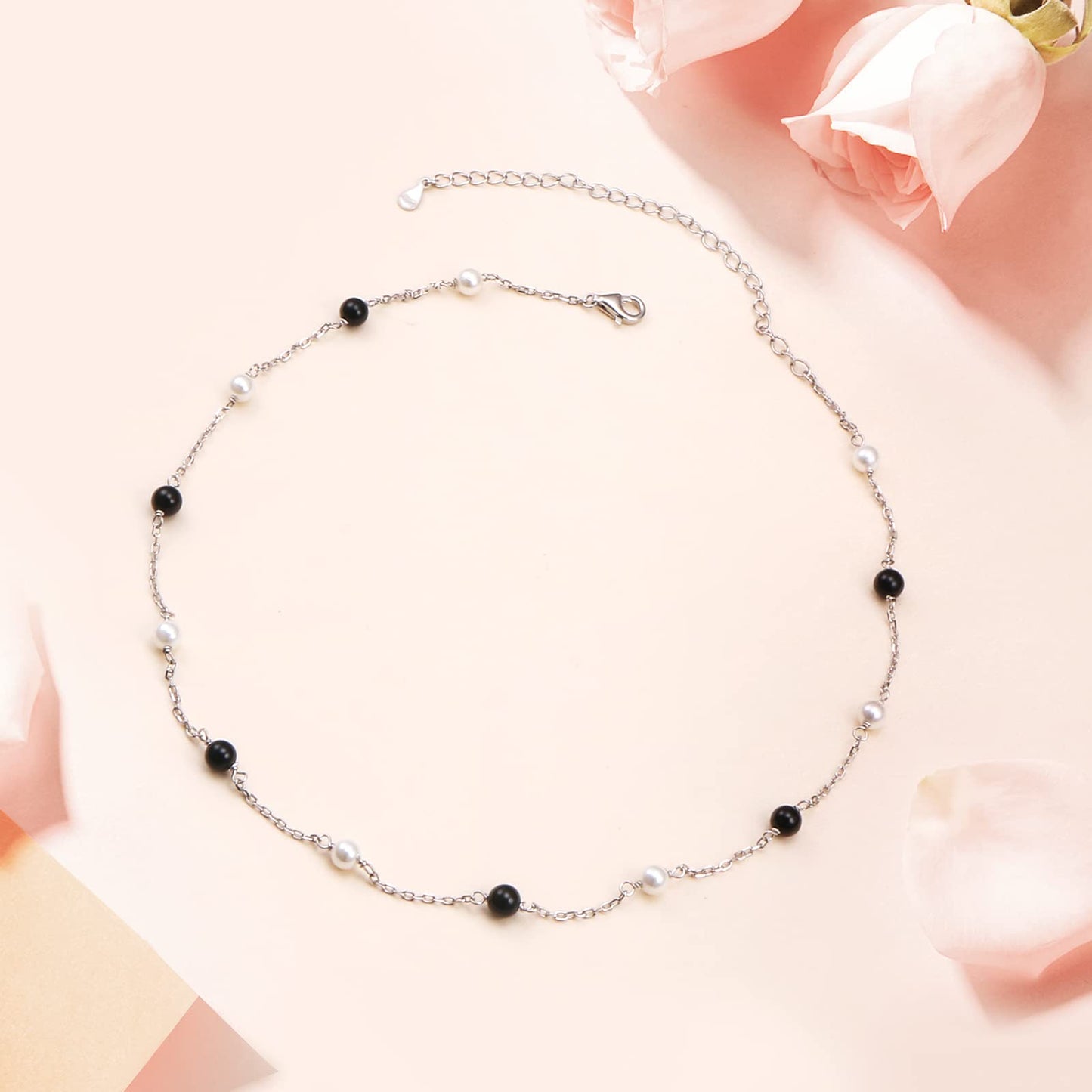 S925 Sterling Silver Choker Short Dainty Necklace Pendant for Women Jewelry Gift (Pearl Black White)
