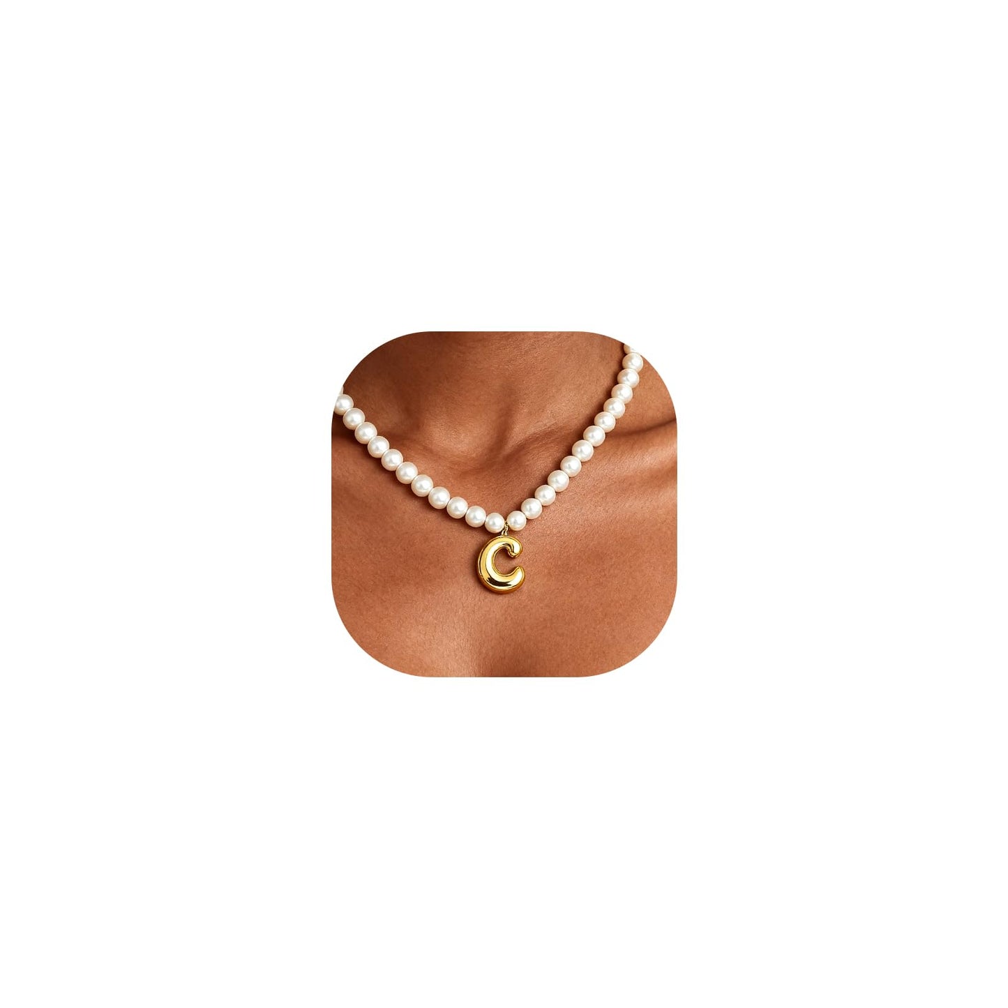DoDoBeads Pearl Initial Necklace, 18K Gold Plated Stainless Steel Balloon Letter Pendant C, Non-Tarnish Waterproof Chunky Monogram Jewelry Gifts for Women Teens